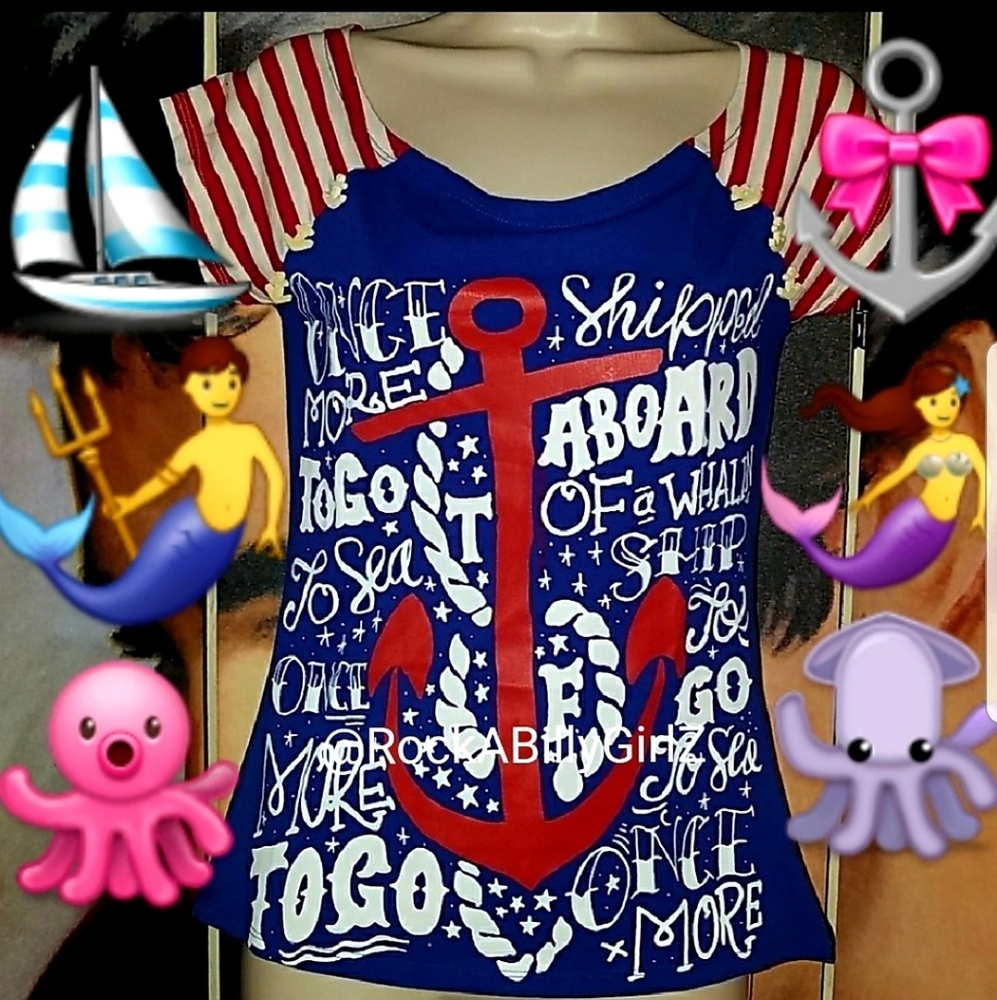 Too Fast All Aboard Top w Nautical Red Anchor Rope White Charms Striped Sleeves